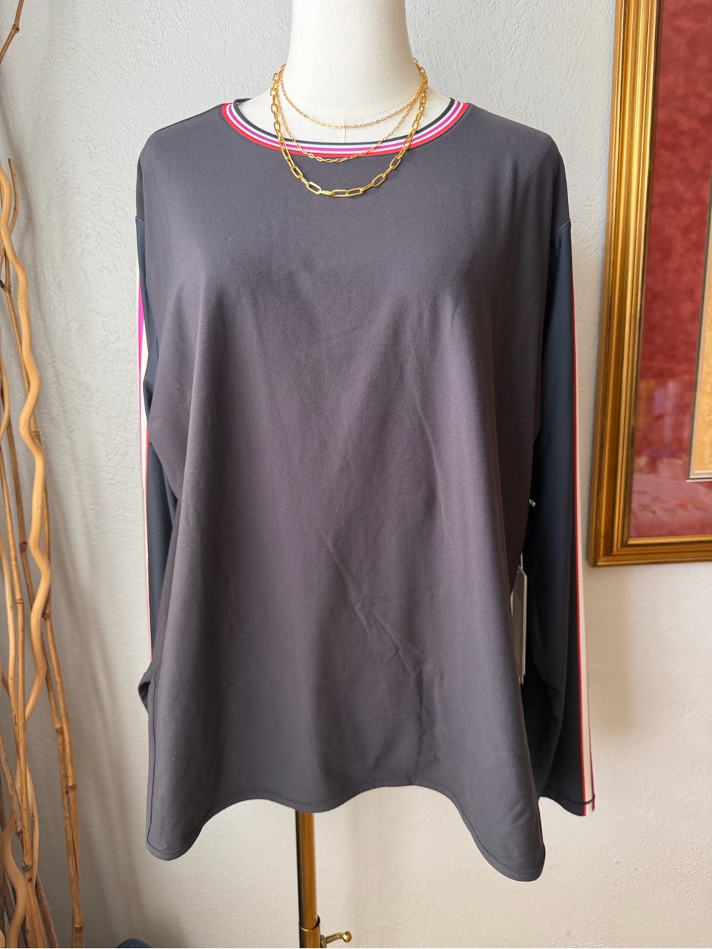 NWT Johnny Was Bee Active Gray Long Sleeve Crewneck with Pink & Cream Trim XL